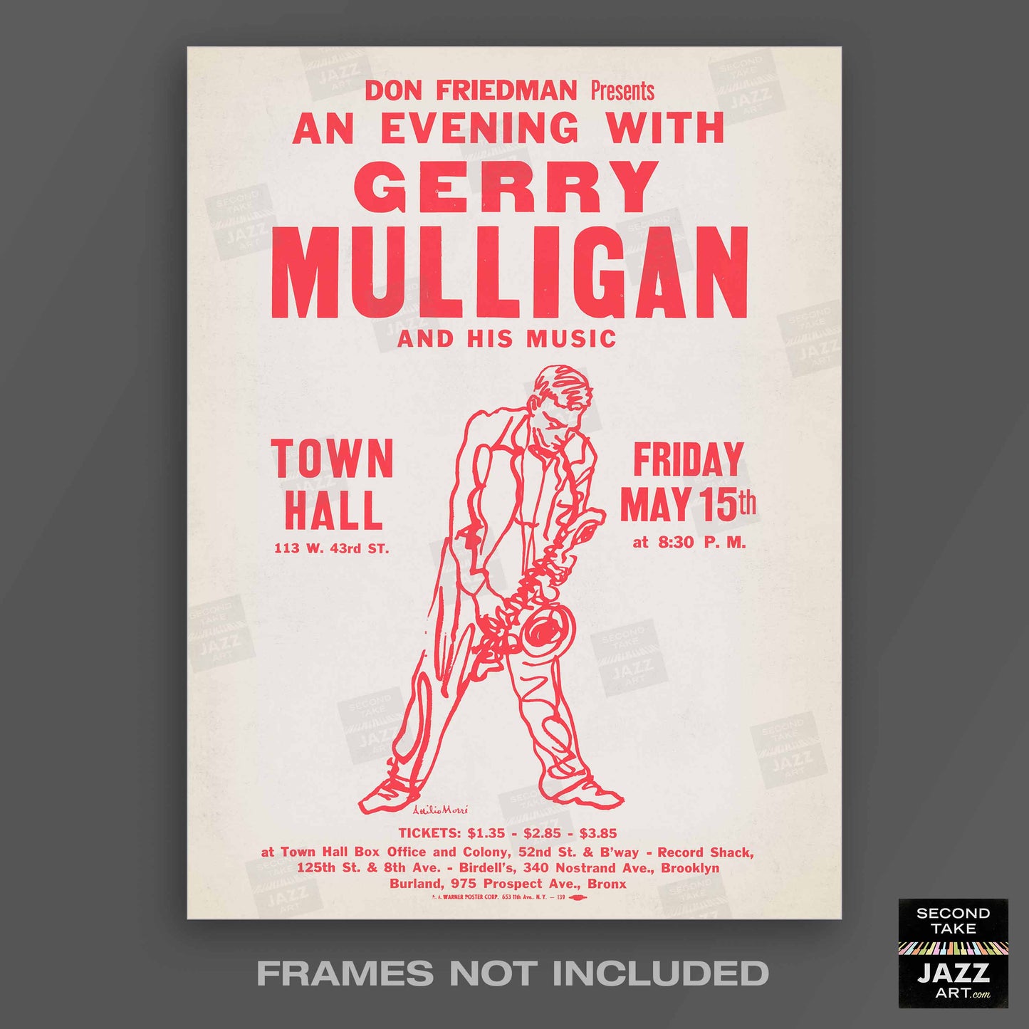 Gerry Mulligan jazz poster - Town Hall - 1959 (red variant)