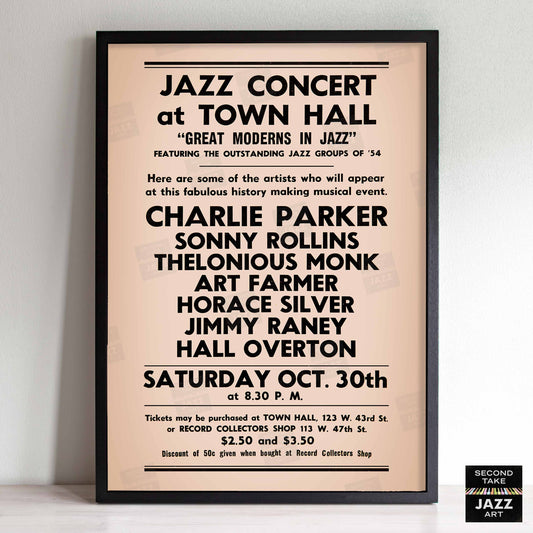 Charlie Parker - Sonny Rollins - Thelonious Monk jazz poster - Town Hall - 1954