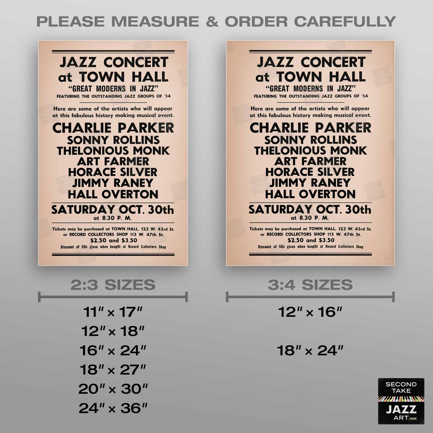 Charlie Parker - Sonny Rollins - Thelonious Monk jazz poster - Town Hall - 1954