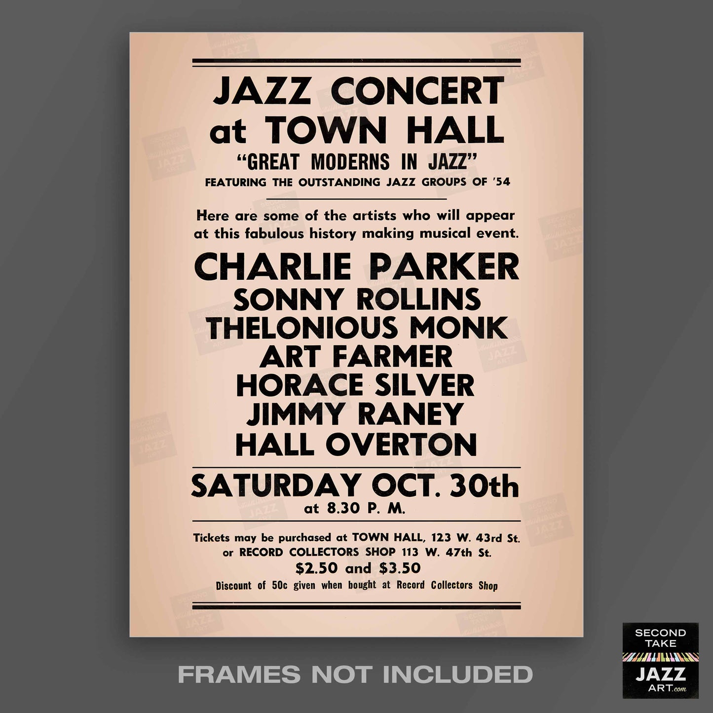 Charlie Parker - Sonny Rollins - Thelonious Monk jazz poster - Town Hall - 1954