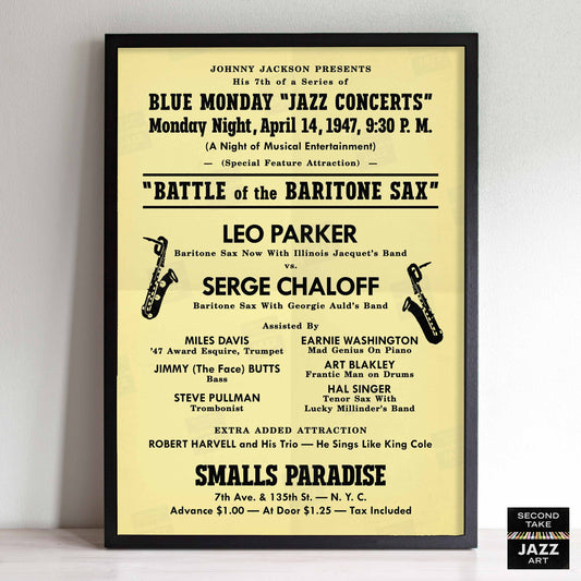 Leo Parker - Serge Chaloff jazz poster - Battle of the Baritone Sax - Smalls Paradise - 1947