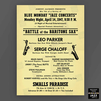 Leo Parker - Serge Chaloff jazz poster - Battle of the Baritone Sax - Smalls Paradise - 1947