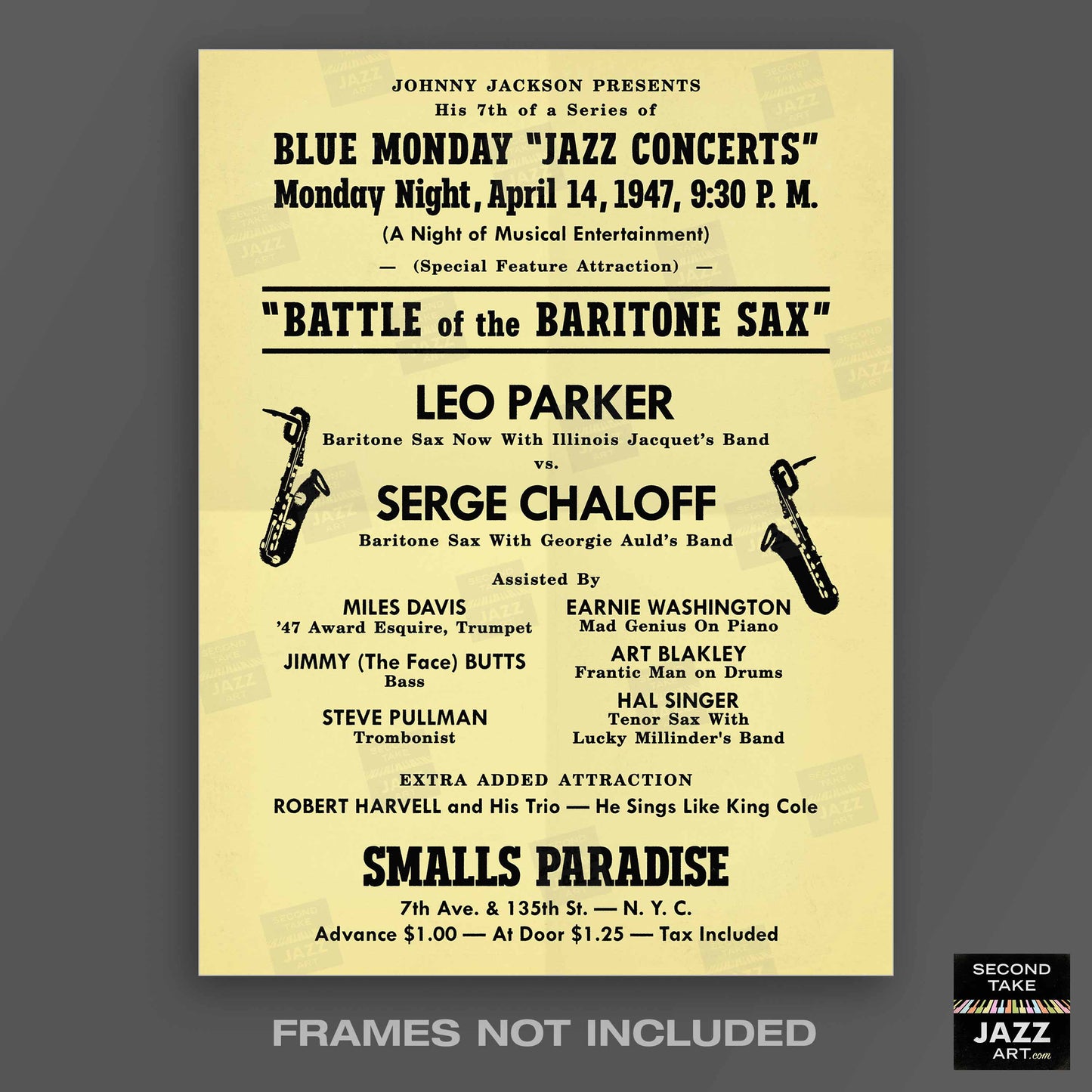Leo Parker - Serge Chaloff jazz poster - Battle of the Baritone Sax - Smalls Paradise - 1947
