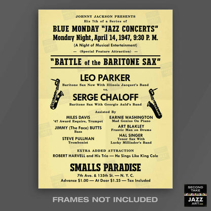 Leo Parker - Serge Chaloff jazz poster - Battle of the Baritone Sax - Smalls Paradise - 1947