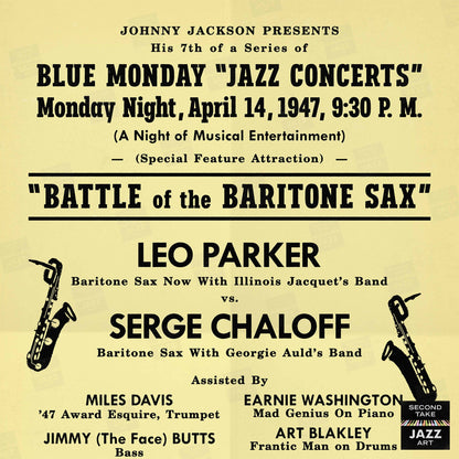 Leo Parker - Serge Chaloff jazz poster - Battle of the Baritone Sax - Smalls Paradise - 1947