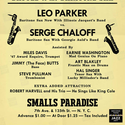 Leo Parker - Serge Chaloff jazz poster - Battle of the Baritone Sax - Smalls Paradise - 1947