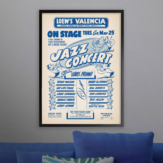 Louis Prima - Charlie Parker jazz poster - Loew's Valencia - Jamaica, NY - 1952