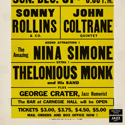 Sonny Rollins - John Coltrane - Nina Simone - Thelonious Monk jazz poster - Carnegie Hall - 1961