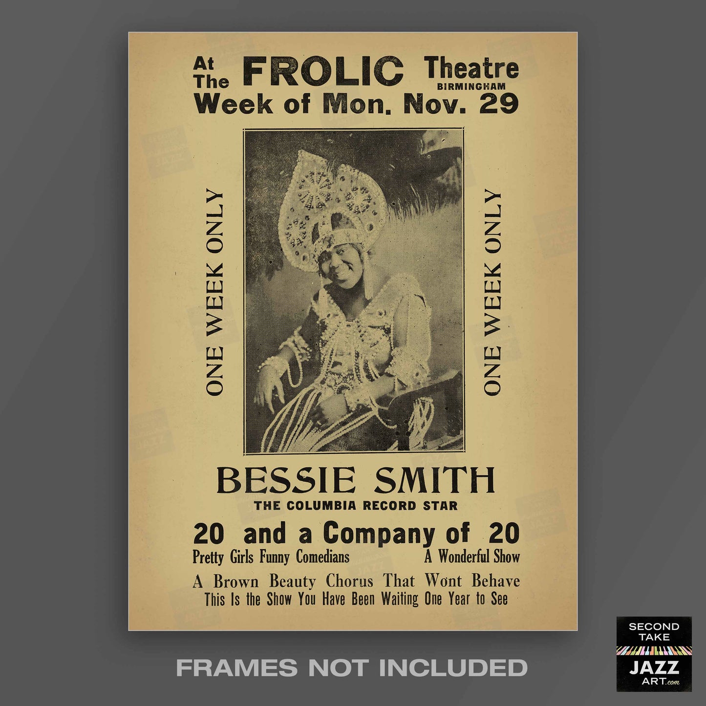 Bessie Smith jazz poster - Frolic Theatre - Birmingham - 1926