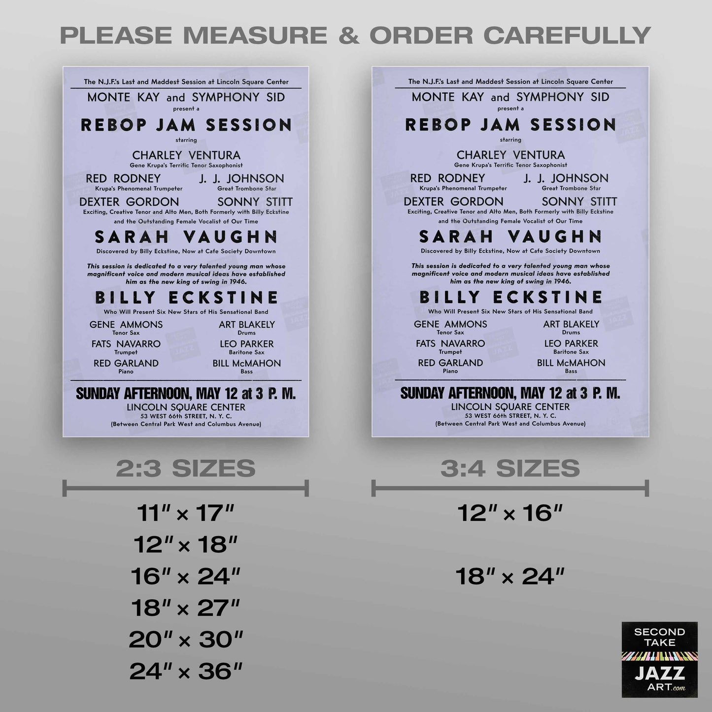 Sarah Vaughan - Billy Eckstine jazz poster - Rebop Jam Session - Lincoln Square - 1946