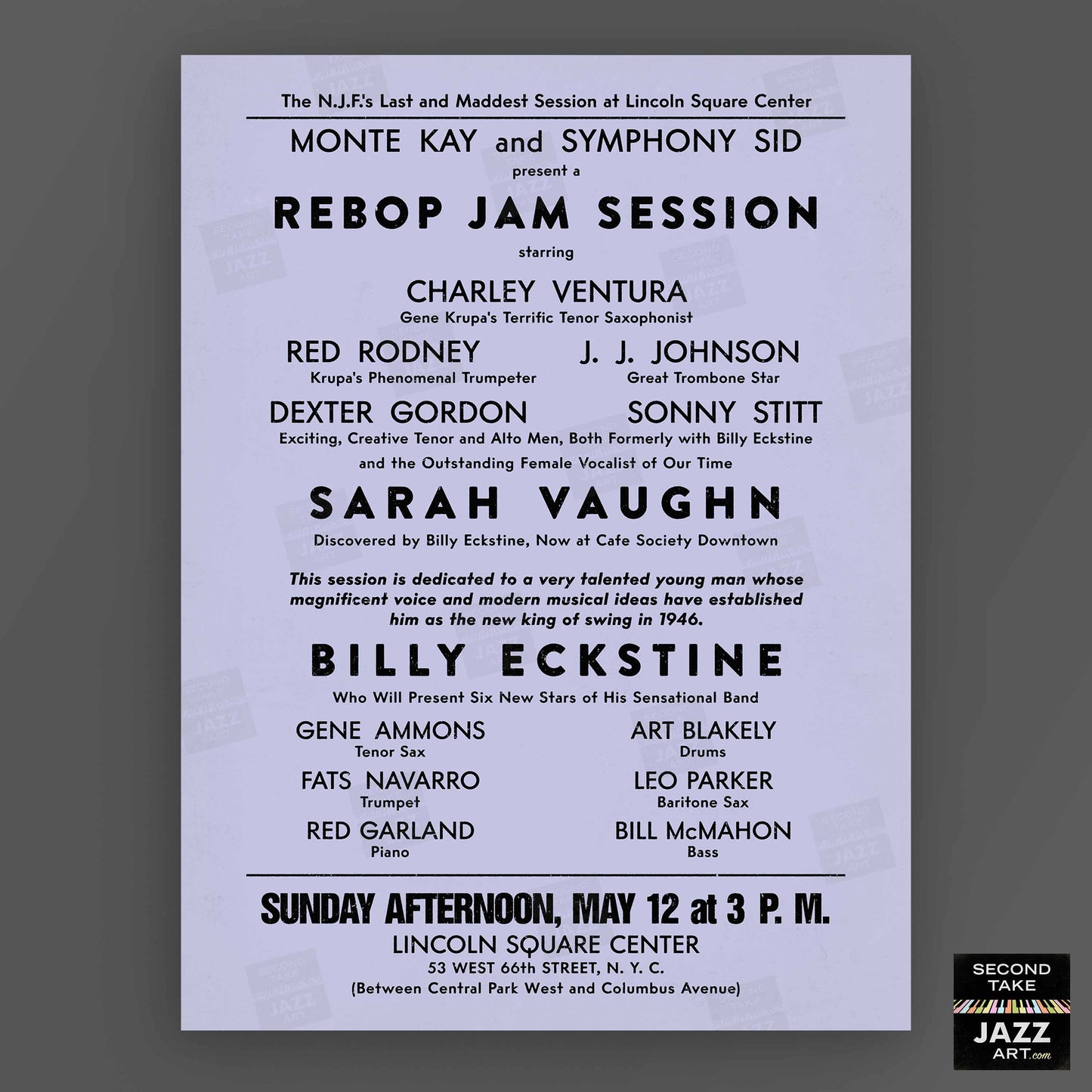 Sarah Vaughan - Billy Eckstine jazz poster - Rebop Jam Session - Lincoln Square - 1946