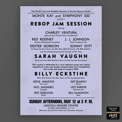 Sarah Vaughan - Billy Eckstine jazz poster - Rebop Jam Session - Lincoln Square - 1946