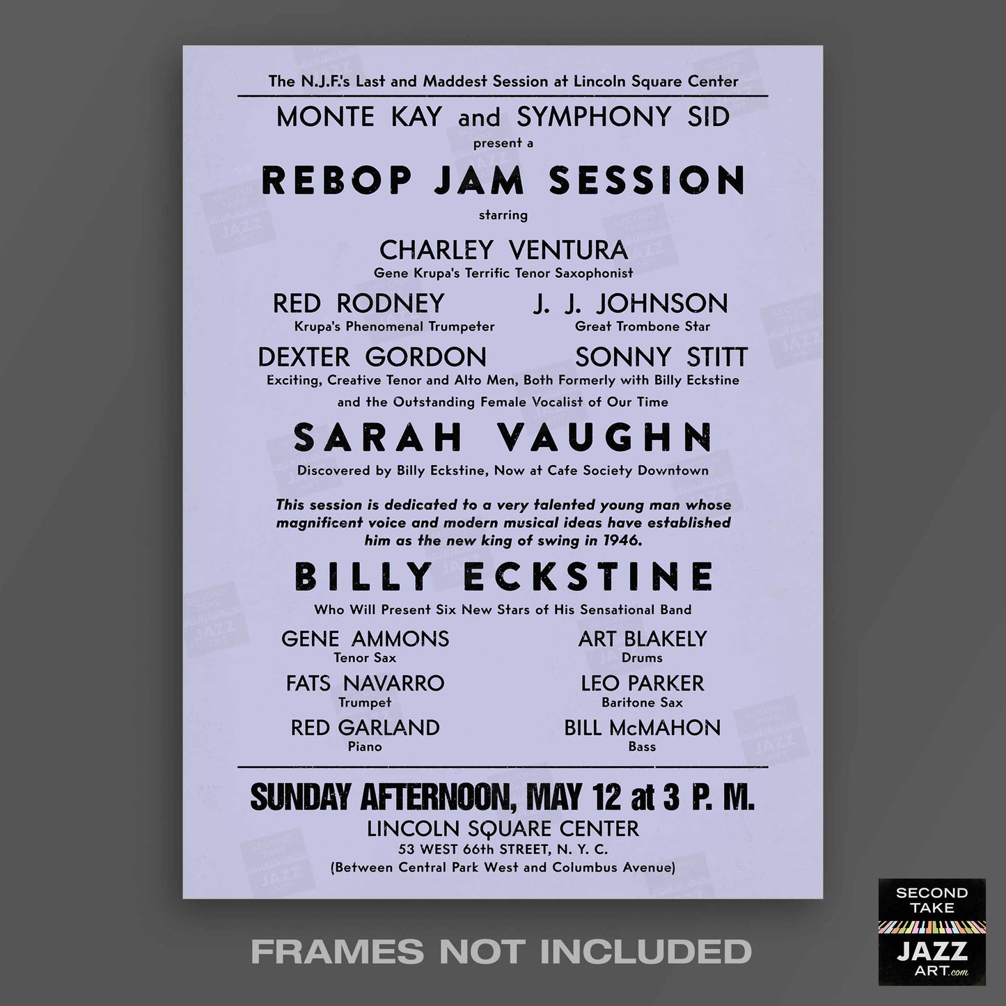 Sarah Vaughan - Billy Eckstine jazz poster - Rebop Jam Session - Lincoln Square - 1946