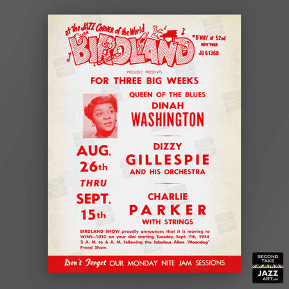 Dinah Washington - Dizzy Gillespie - Charlie Parker jazz poster - Birdland - 1954