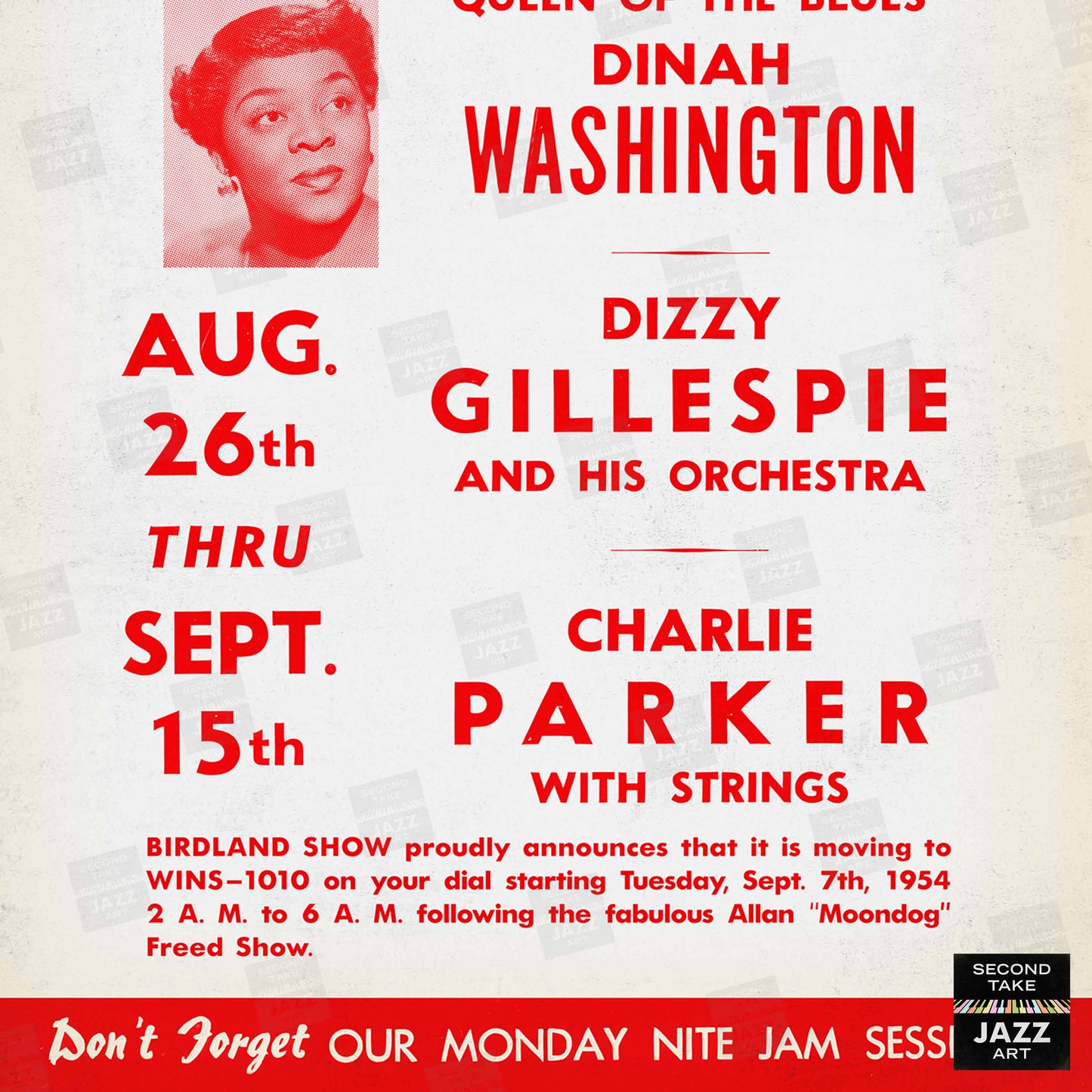 Dinah Washington - Dizzy Gillespie - Charlie Parker jazz poster - Birdland - 1954