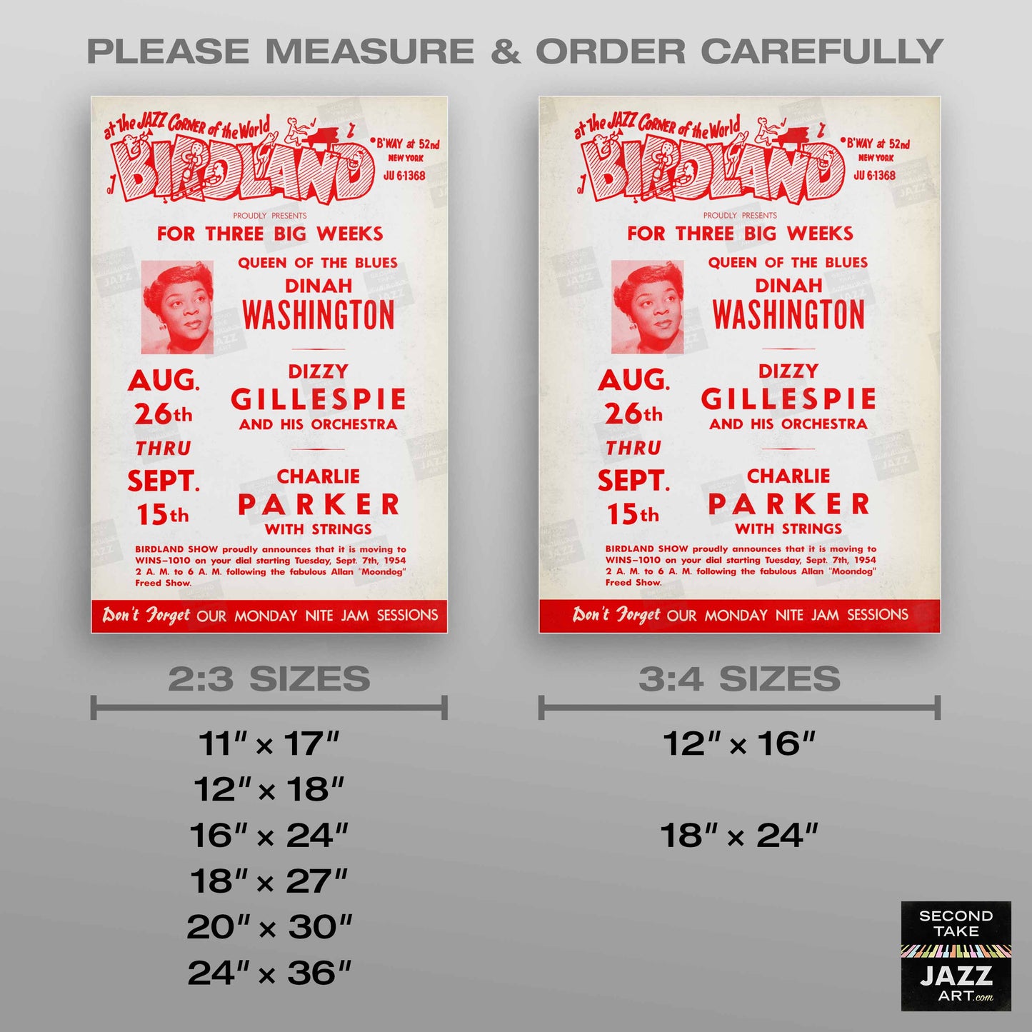 Dinah Washington - Dizzy Gillespie - Charlie Parker jazz poster - Birdland - 1954