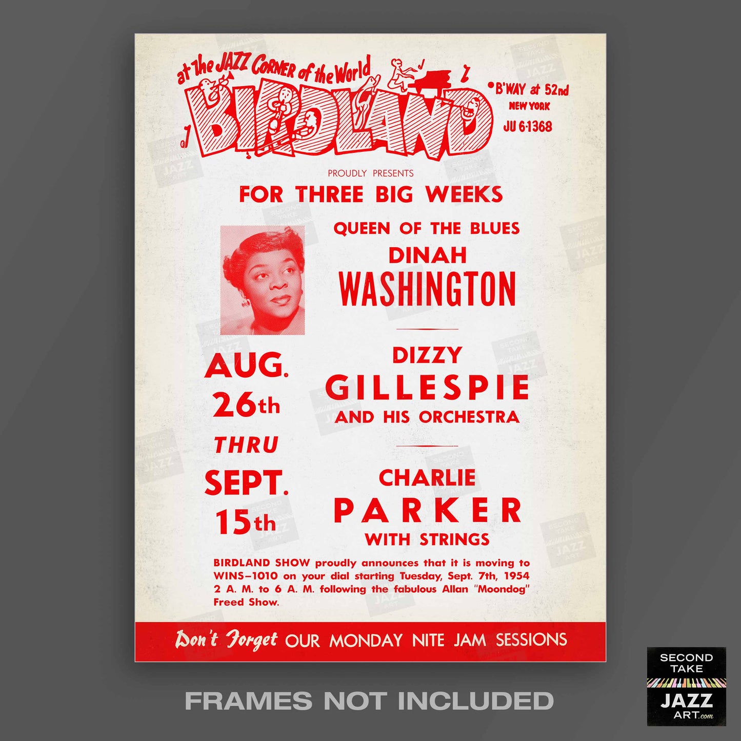 Dinah Washington - Dizzy Gillespie - Charlie Parker jazz poster - Birdland - 1954
