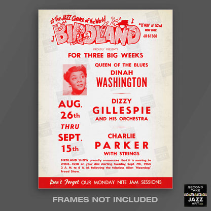 Dinah Washington - Dizzy Gillespie - Charlie Parker jazz poster - Birdland - 1954