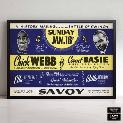 Chick Webb - Count Basie jazz poster - Battle of Swing - Savoy - 1938 (horizontal)