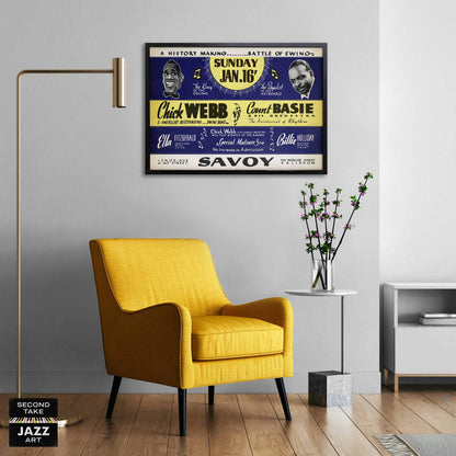 Chick Webb - Count Basie jazz poster - Battle of Swing - Savoy - 1938 (horizontal)