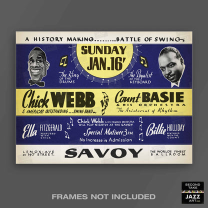 Chick Webb - Count Basie jazz poster - Battle of Swing - Savoy - 1938 (horizontal)