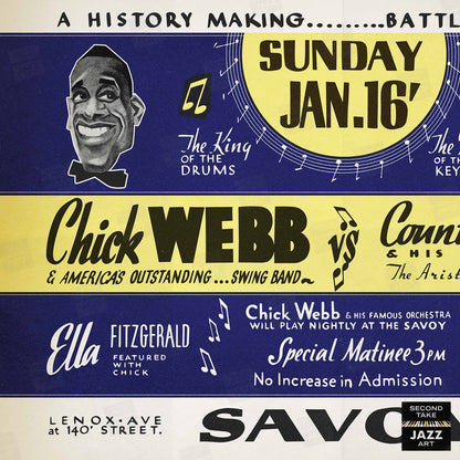 Chick Webb - Count Basie jazz poster - Battle of Swing - Savoy - 1938 (horizontal)