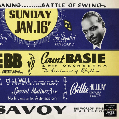 Chick Webb - Count Basie jazz poster - Battle of Swing - Savoy - 1938 (horizontal)