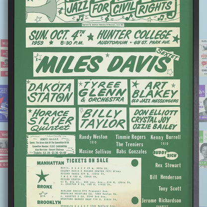 Miles Davis - Dakota Staton jazz poster - Jazz for Civil Rights - Hunter College - 1959