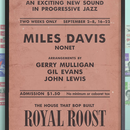 Miles Davis - Gerry Mulligan - Gil Evans jazz poster - Birth of the Cool - Royal Roost - 1948