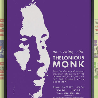 Thelonious Monk jazz poster - Orchestra and Quartet - Town Hall - 1959 (purple variant)