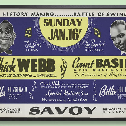 Chick Webb - Count Basie jazz poster - Battle of Swing - Savoy - 1938 (horizontal)