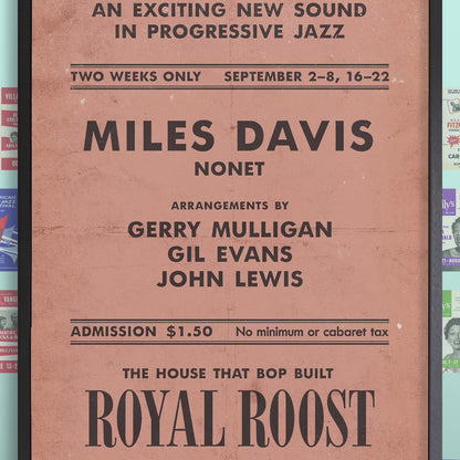 Miles Davis - Gerry Mulligan - Gil Evans jazz poster - Birth of the Cool - Royal Roost - 1948