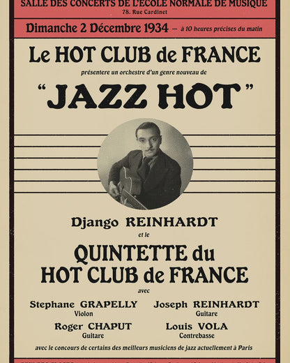 Django Reinhardt - Stéphane Grappelli jazz poster - QHCF - Paris - 1934