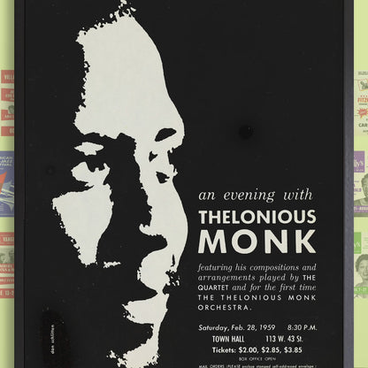 Thelonious Monk jazz poster - Orchestra and Quartet - Town Hall - 1959 (black variant)